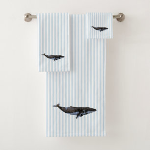 Whale Nautical Blue Stripe Painting Bath Towel Set