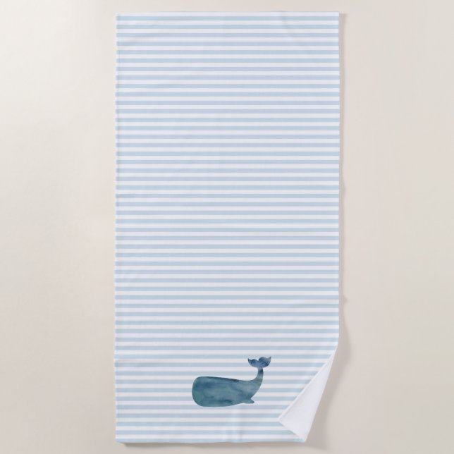 Whale Nautical Blue Stripe Painting Beach Towel (Front)
