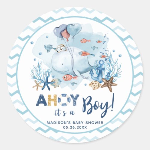 Whale Nautical Boy Baby Shower Thank You Favor Classic Round Sticker