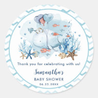 Whale Nautical Boy Baby Shower Thank You Favor Classic Round Sticker