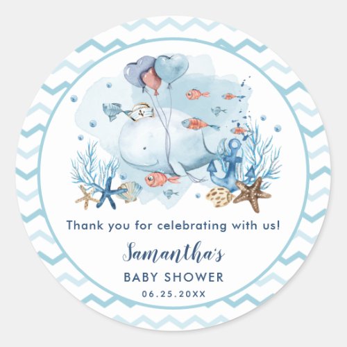 Whale Nautical Boy Baby Shower Thank You Favor Classic Round Sticker