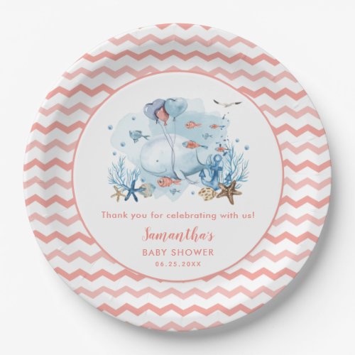 Whale Nautical Coral Pink Girl Baby Shower Paper Plates