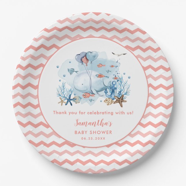 Whale Nautical Coral Pink Girl Baby Shower Paper Plates (Front)