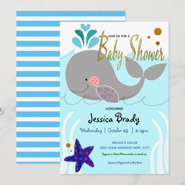 Whale Nautical Faux Gold Script Baby Shower Invitation (Front/Back)