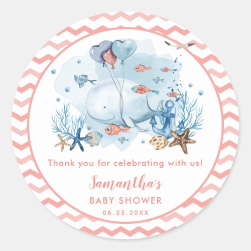 Whale Nautical Girl Baby Shower Thank You Favor Classic Round Sticker