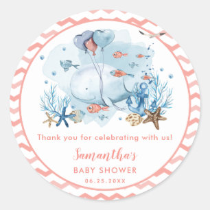 Whale Nautical Girl Baby Shower Thank You Favor Classic Round Sticker