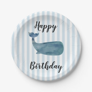 Whale Nautical Happy Birthday Stripe Paper Plates