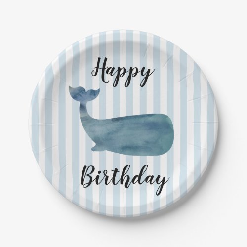 Whale Nautical Happy Birthday Stripe Paper Plates