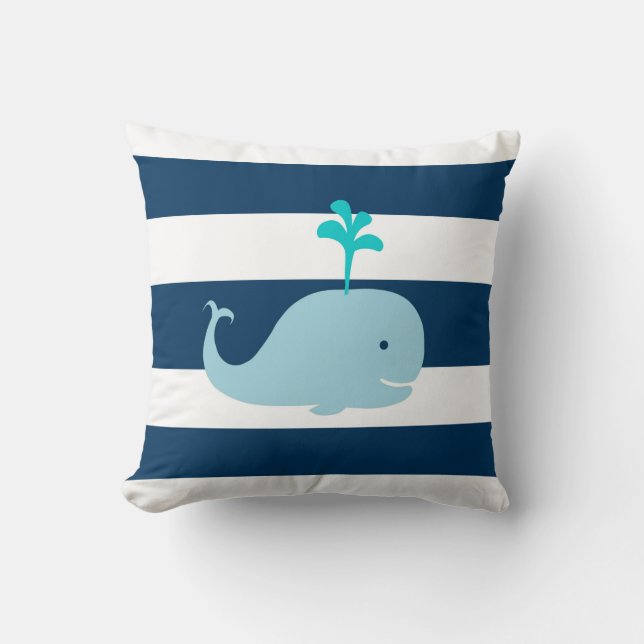 Whale Nautical pillow in Navy Blue and White (Front)