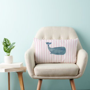 Whale Nautical Pink Stripe Preppy Lumbar Pillow