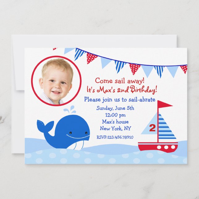 Whale Nautical Sailboat birthday party invitations (Front)
