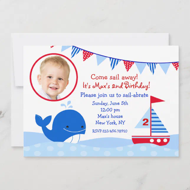 Whale Nautical Sailboat birthday party invitations | Zazzle