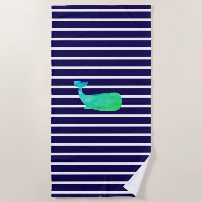 Whale Nautical Stripe Beach Towel (Front)