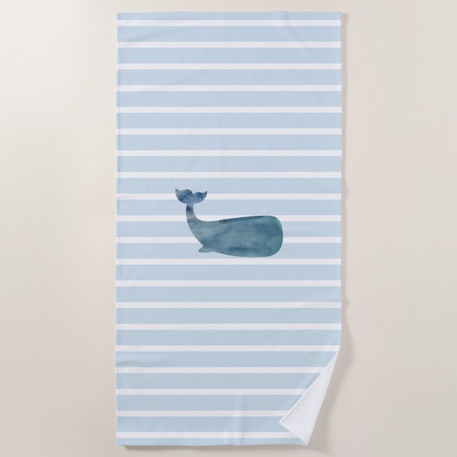 Whale Nautical Stripe Beach Towel (Front)