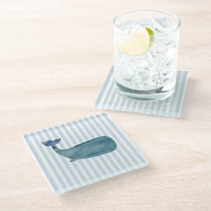 Whale Nautical Stripe Pattern Glass Coaster