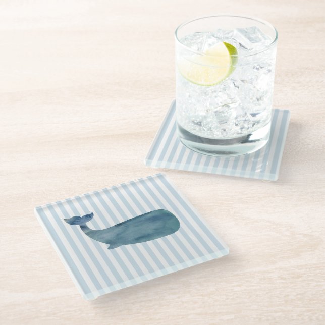 Whale Nautical Stripe Pattern Glass Coaster (Angled)
