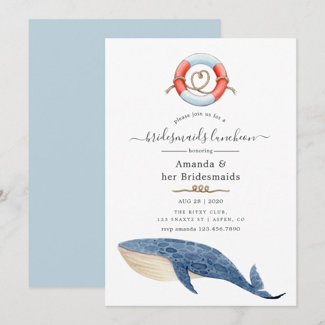 Whale Nautical Wedding Bridesmaids Luncheon Invitation (Front/Back)
