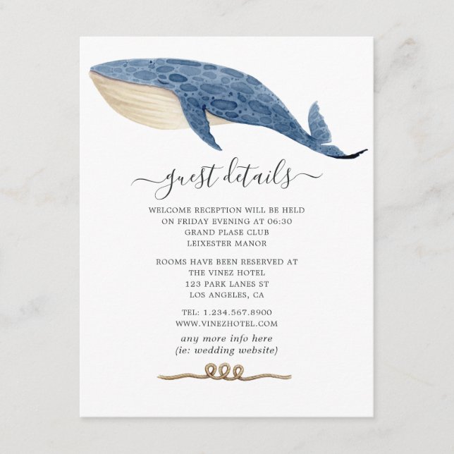 Whale Nautical Wedding Guest Details Enclosure Card (Front)
