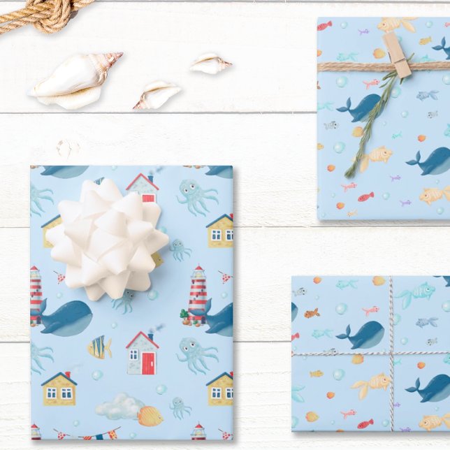 Whale Nautical Wrapping Paper Sheets (Whimsical Nautical Gift Wrap)