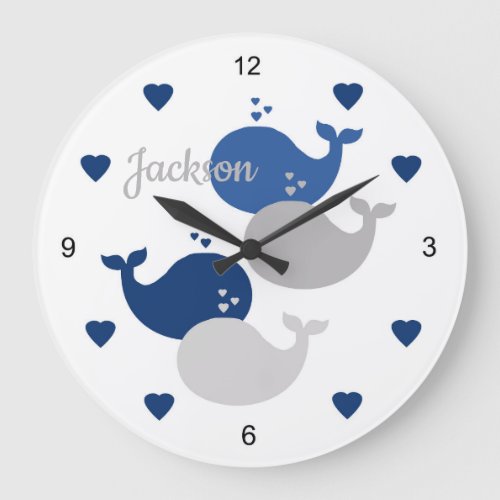 Whale Navy Blue Gray Baby Boy Nursery Nautical Kid Large Clock