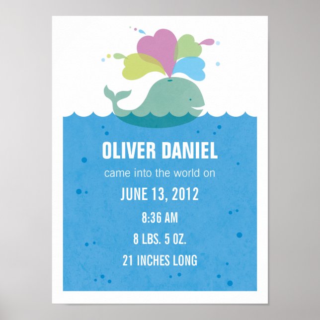 Whale Nursery Art Birth Statistics Poster (Front)