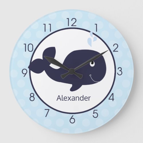 Whale Nursery Navy Blue  Light Blue Boys Wall Large Clock