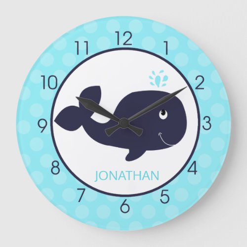 Whale Nursery Teal and Navy Blue Kids Large Clock
