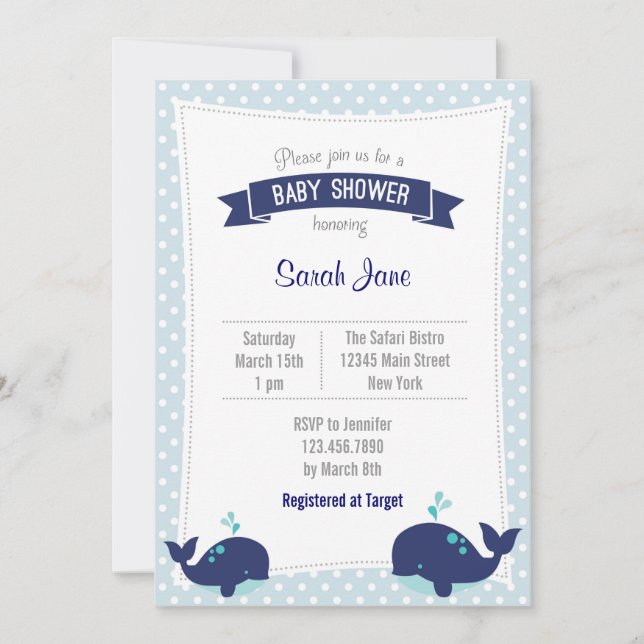 Whale Ocean Baby Shower Invitation Polkadot Blue (Front)