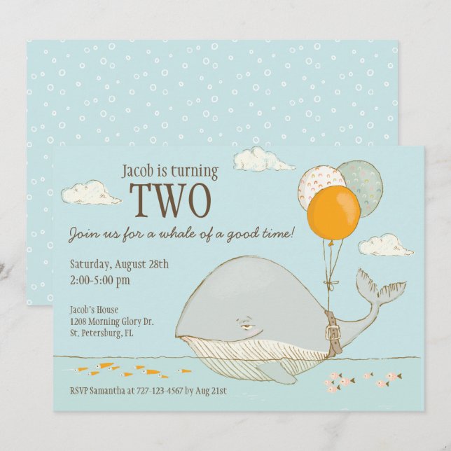 Whale of a Good Time 2nd Birthday Nautical Theme Invitation (Front/Back)