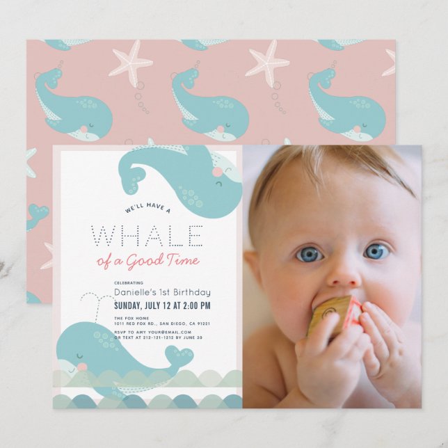 Whale of a Good Time Pink Girl 1st Birthday Photo Invitation (Front/Back)