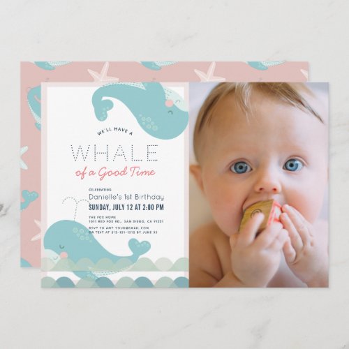 Whale of a Good Time Pink Girl 1st Birthday Photo Invitation