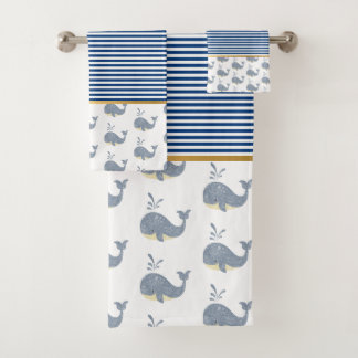 WHALE OF A TIME BLUE STRIPE BATHROOM TOWEL SET