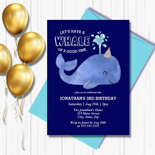 Whale Of A Time Cute Party Hat Navy Birthday  Invitation