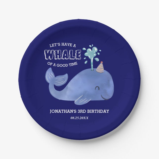 Whale Of A Time Cute Party Hat Navy Birthday  Paper Plates (Front)