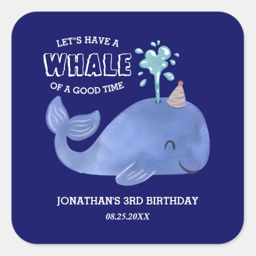 Whale Of A Time Cute Party Hat Navy Birthday  Square Sticker