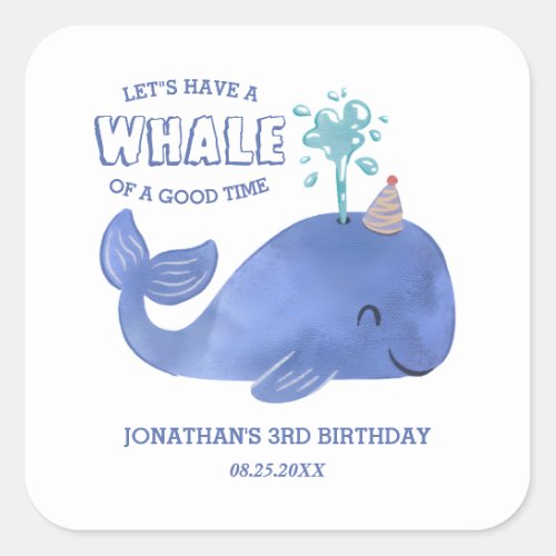 Whale Of A Time Cute Party Hat White Birthday  Square Sticker