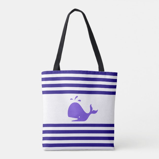 Whale on Blue and White Striped Tote Bag (Back)