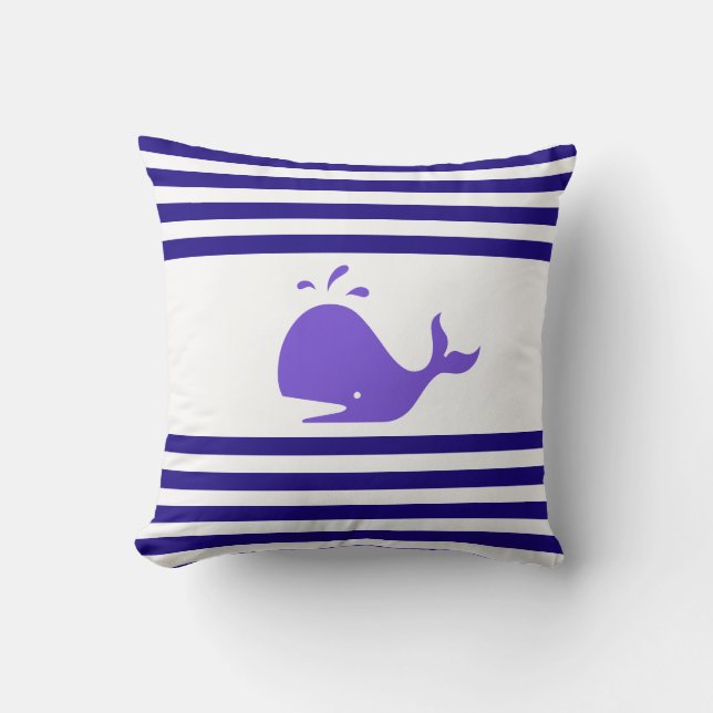 Whale on Nautical Navy Blue and White Striped Throw Pillow (Front)
