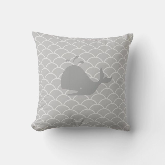 Whale on Silver Gray Waves Throw Pillow (Front)