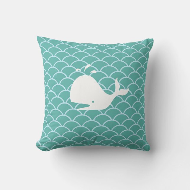 Whale on Teal Waves Throw Pillow (Front)
