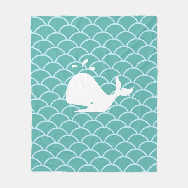 Whale on Teal Wavy Ocean Fleece Blanket (Front)