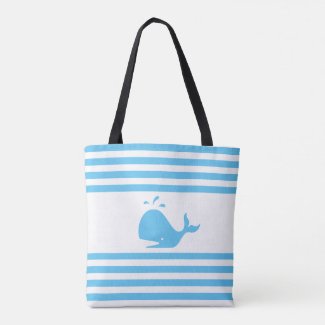 Whale on Turquoise and White Striped Tote Bag