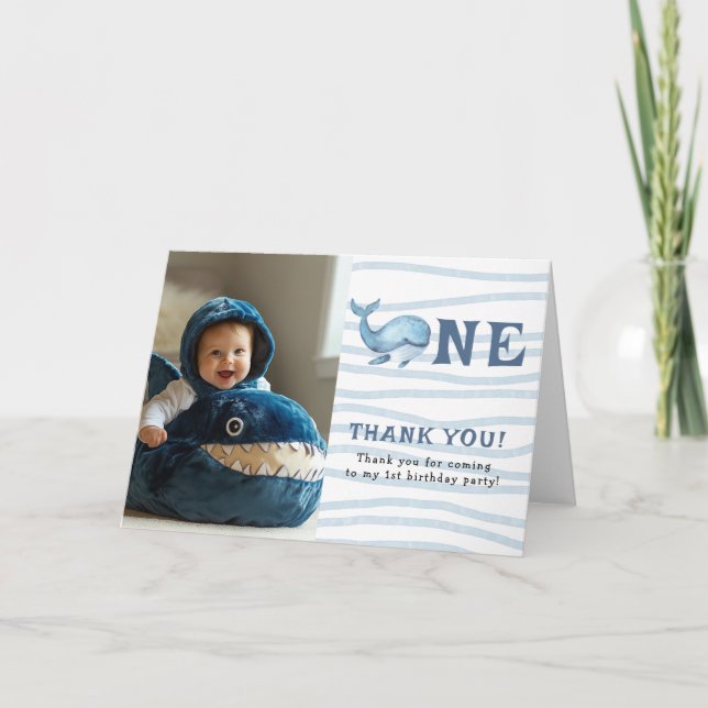 Whale One Birthday Party Thank you Card (Front)