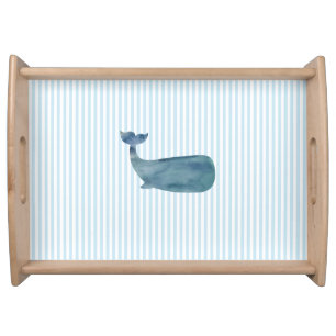 Whale Painting Blue Stripe Coastal Style Serving Tray