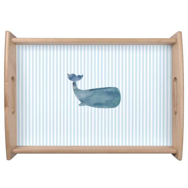 Whale Painting Blue Stripe Coastal Style Serving Tray (Front)