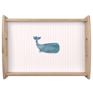 Whale Painting Pink Stripe Coastal Style Serving Tray