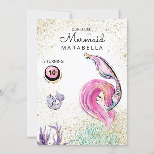  Whale Pink Hair Mermaid Birthday Party Invitation