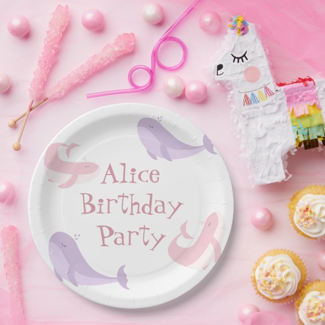  Whale Pink Lilac Pastel Ocean Fish Birthday Party Paper Plates (Party)