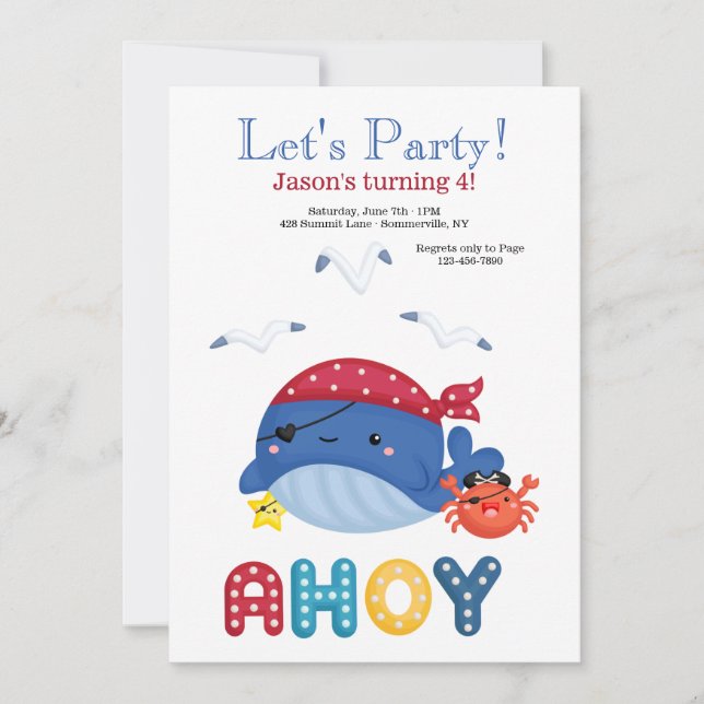 Whale Pirate Birthday Party Invitation (Front)