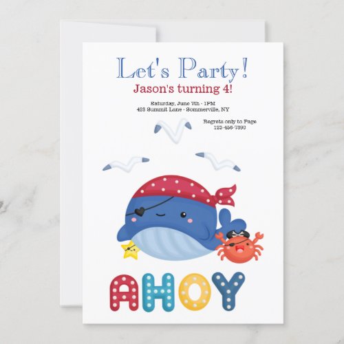 Whale Pirate Birthday Party Invitation